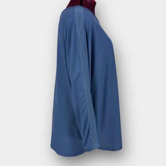 🟢 2/$25 ~ Lily Morgan 2X Blue Textured Knit Tunic Sleeve Button Hem Scoop Neck - Picture 2 of 10